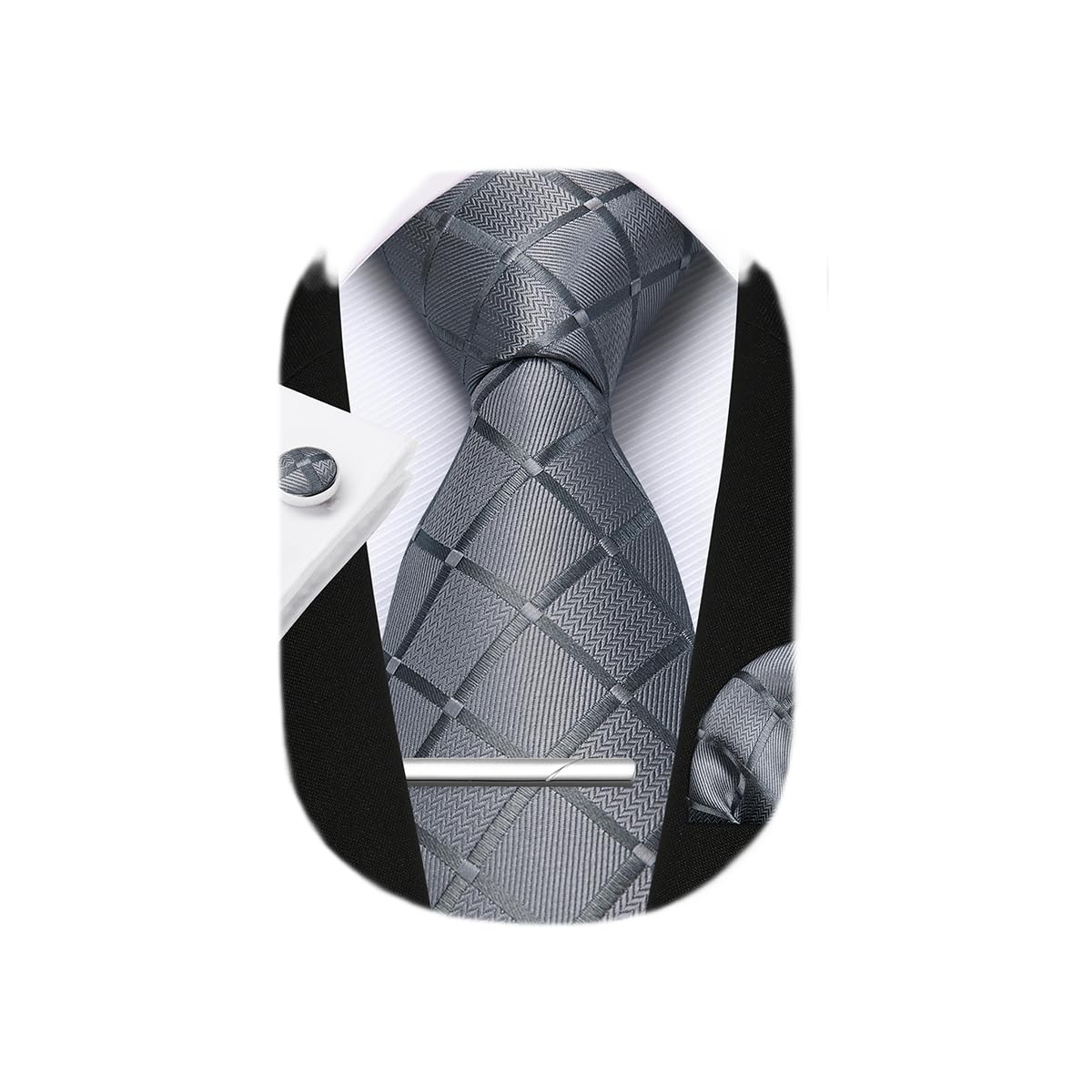 HISDERN Plaid Ties for Men Classic Checkered Tie and Pocket Square Cufflinks Tie Clip Set Woven Men's Necktie Business