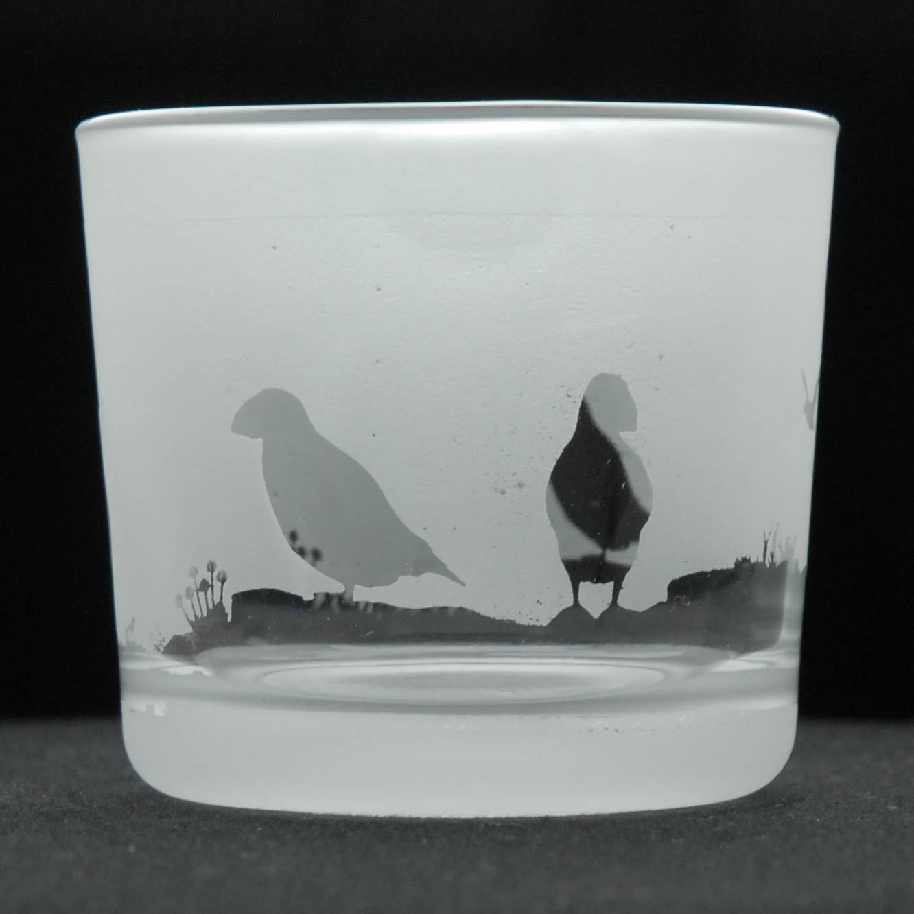 Animo Glass Votive Tea Light Candle Holder, Frosted Etched Glass with Puffin Design, Clear Tealight Candle Holder Home Decor