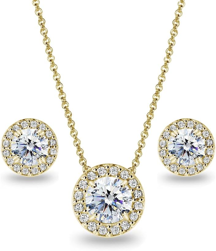 Sterling Silver AAA Cubic Zirconia Round Halo Stud Earrings & Necklace Jewelry Set for Women
