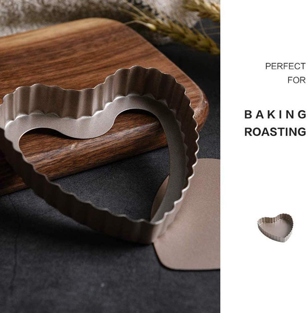 Juego de 4 moldes para Tarta de Quiche de 4 Pulgadas, Molde Desmontable para flan Estriado/Tarta con Fondo Desmontable, en Forma de corazón, Revestimiento Antiadherente, 4 Piezas