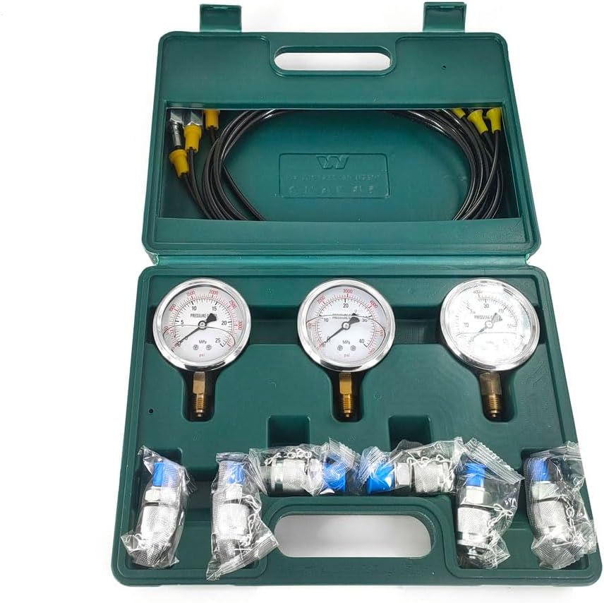 Zestaw manometrów hydraulicznych Zestaw hydrauliczny do pomiaru ciśnienia z 6 złączami testowymi, 3 manometrami i 3 wężami testowymi do maszyn budowlanych