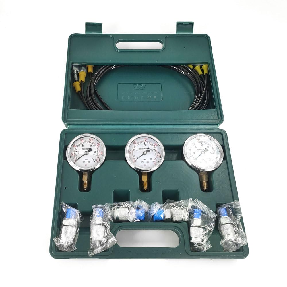 Kit manometro idraulico Kit idraulico per escavatore per misurazione della pressione con 6 raccordi di prova, 3 manometri, 3 tubi flessibili di prova per escavatori e macchinari da costruzione