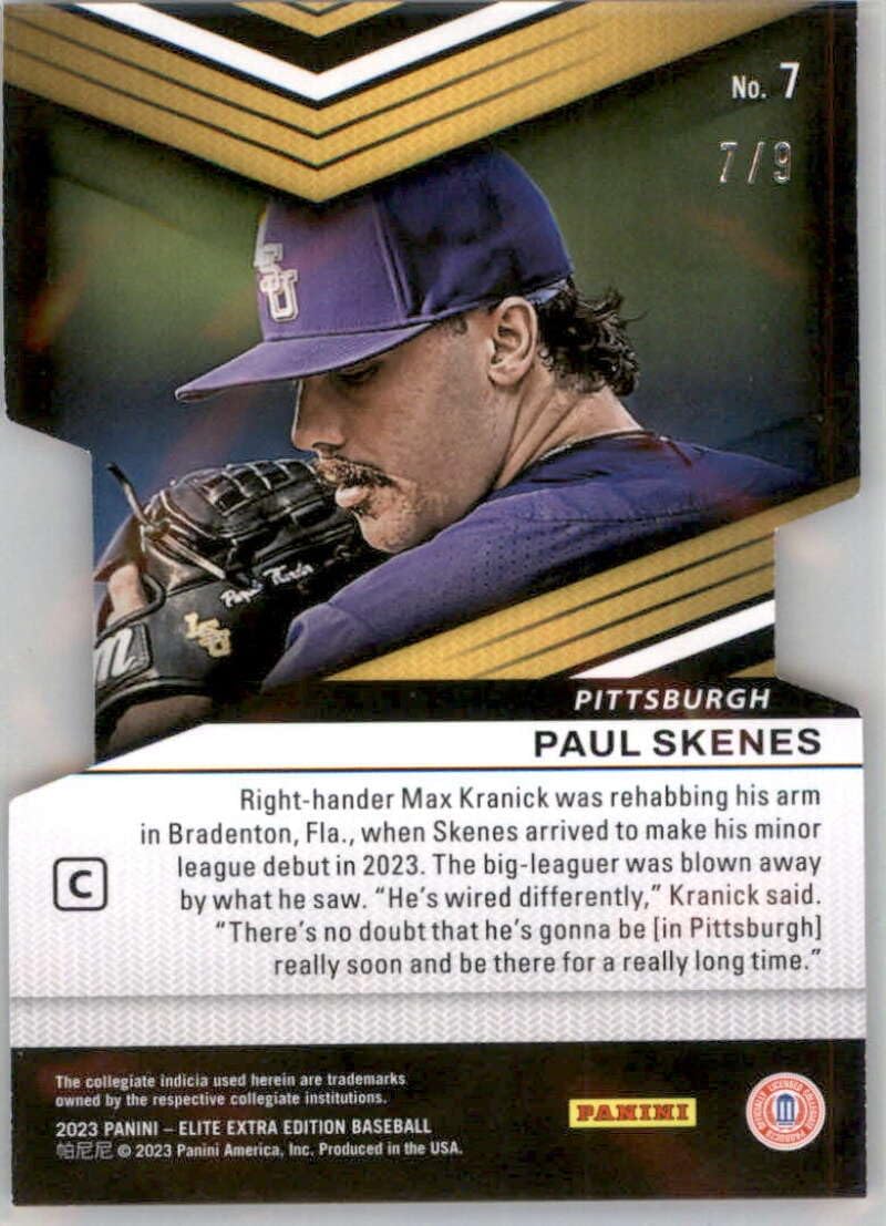 2023 Panini Elite Extra Edition Prime Numbers C Die-Cut #7 Paul Skenes SER/9 Pittsburgh Pirates Official Pre MLB Baseball Prospect/Draft Rookie Card in Raw (NM or Better) Condition