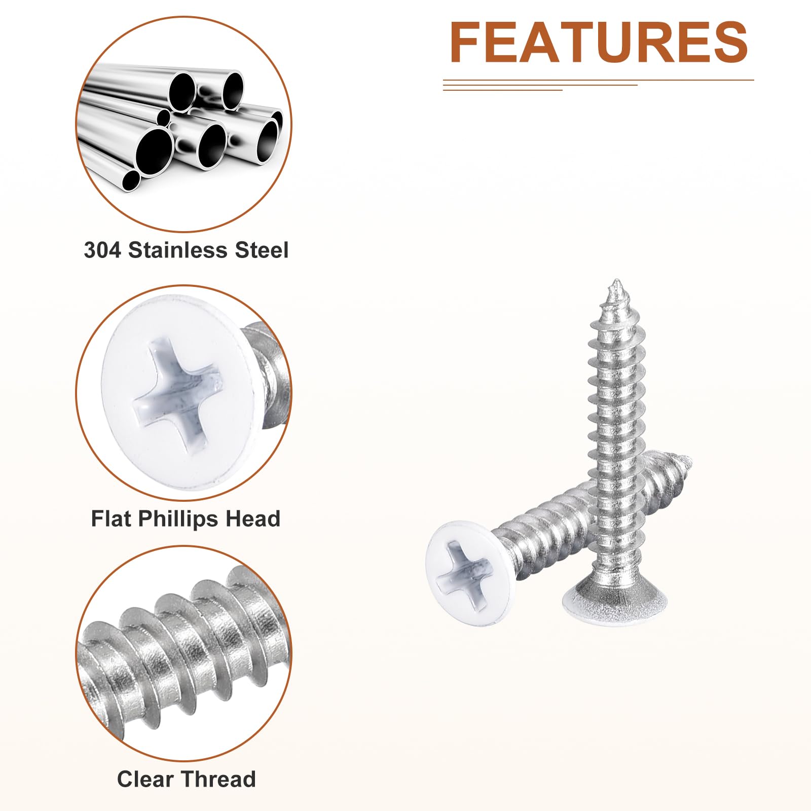 DTGN 50Pcs ST4x25mm Flat Head Wood Screws, 304 Stainless Steel White Phillips Self Tapping Screws - Image 4