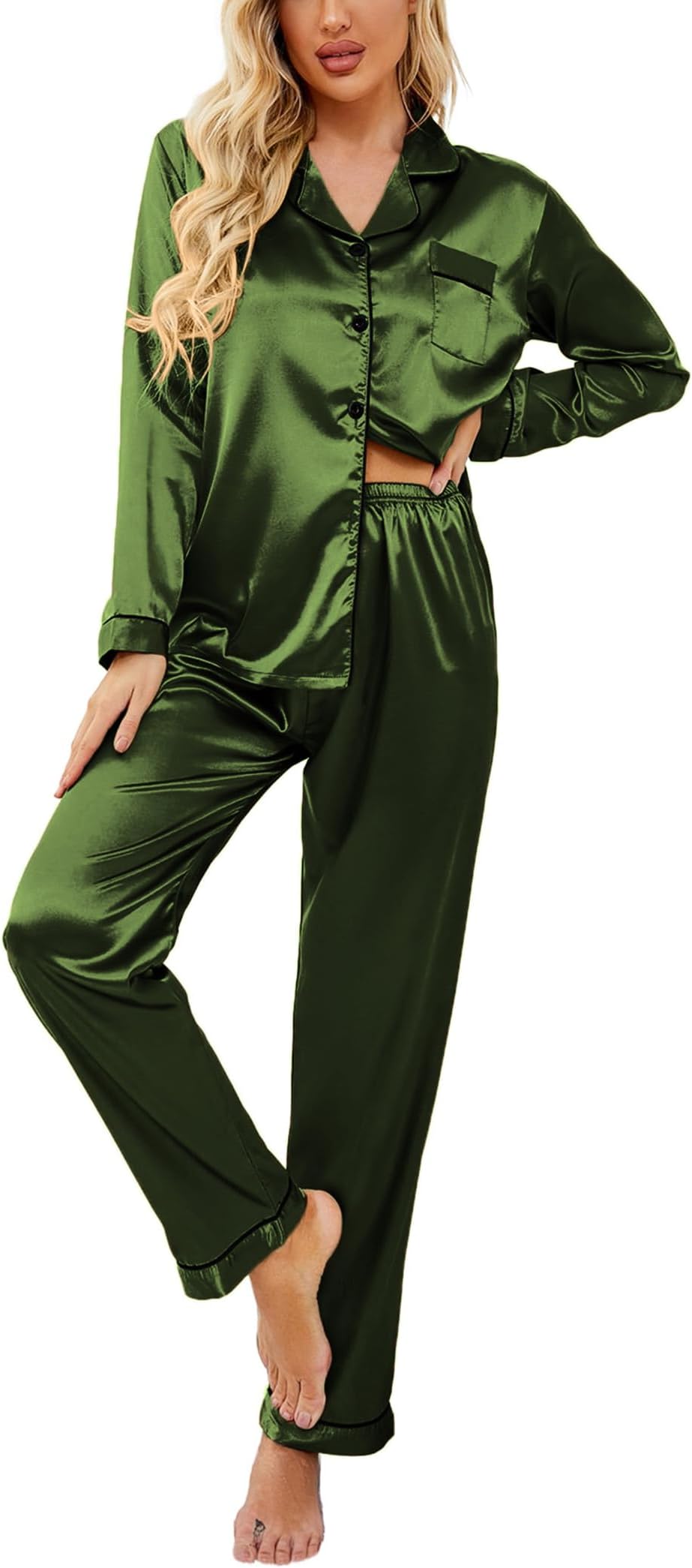 EkouaerWomen's Classic Button Down Long Satin Silk Pajama Set