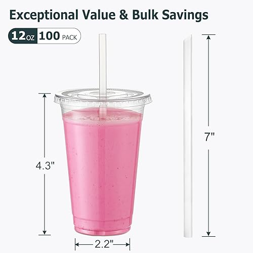 Miniatura 2 de AOZITA 100 juegos de vasos de plástico transparente de 12 onzas con tapas y pajitas, vasos desechables con tapas para café helado, batido, batidos y