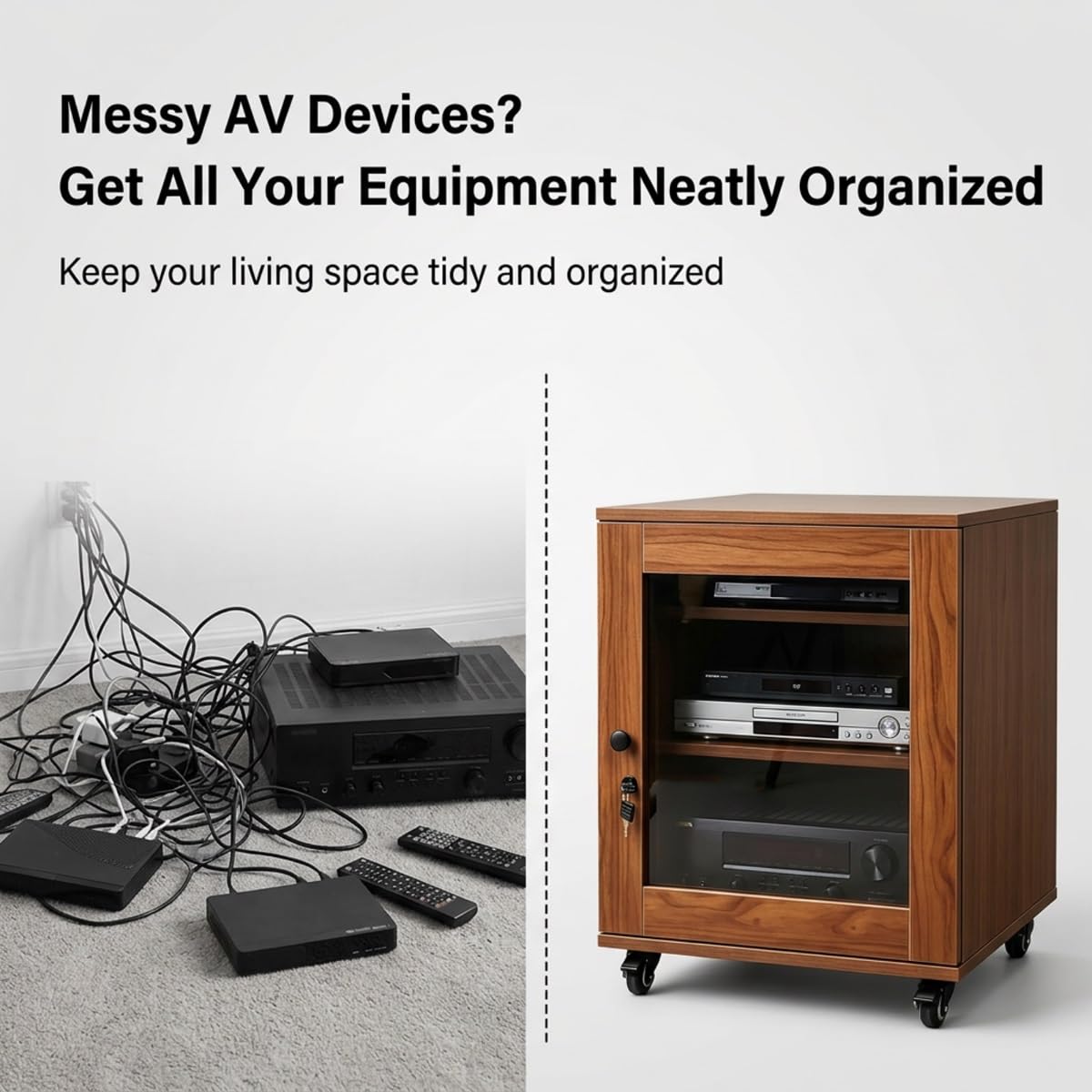 Meuble stéréo avec porte vitrée,étagères ajustables pour support rack audio