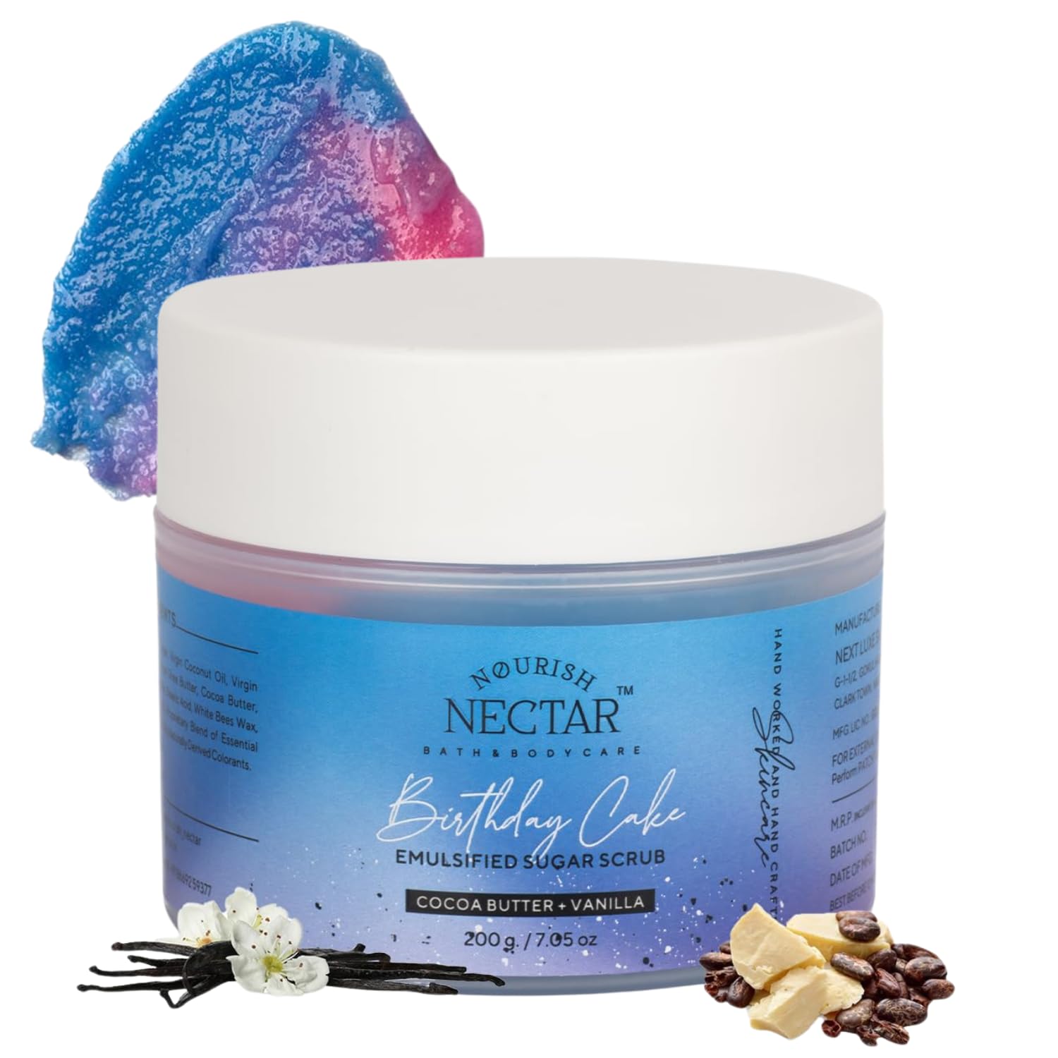 Nourish Nectar Birthday Cake Face Organic Body Scrub - 200g (Pack Of 1) | With Cocoa Butter & Vanilla |Tan Removal&Soft-Smooth Skin| Lightens Dark Area - Neck & Elbows - All Skin Types-image-44