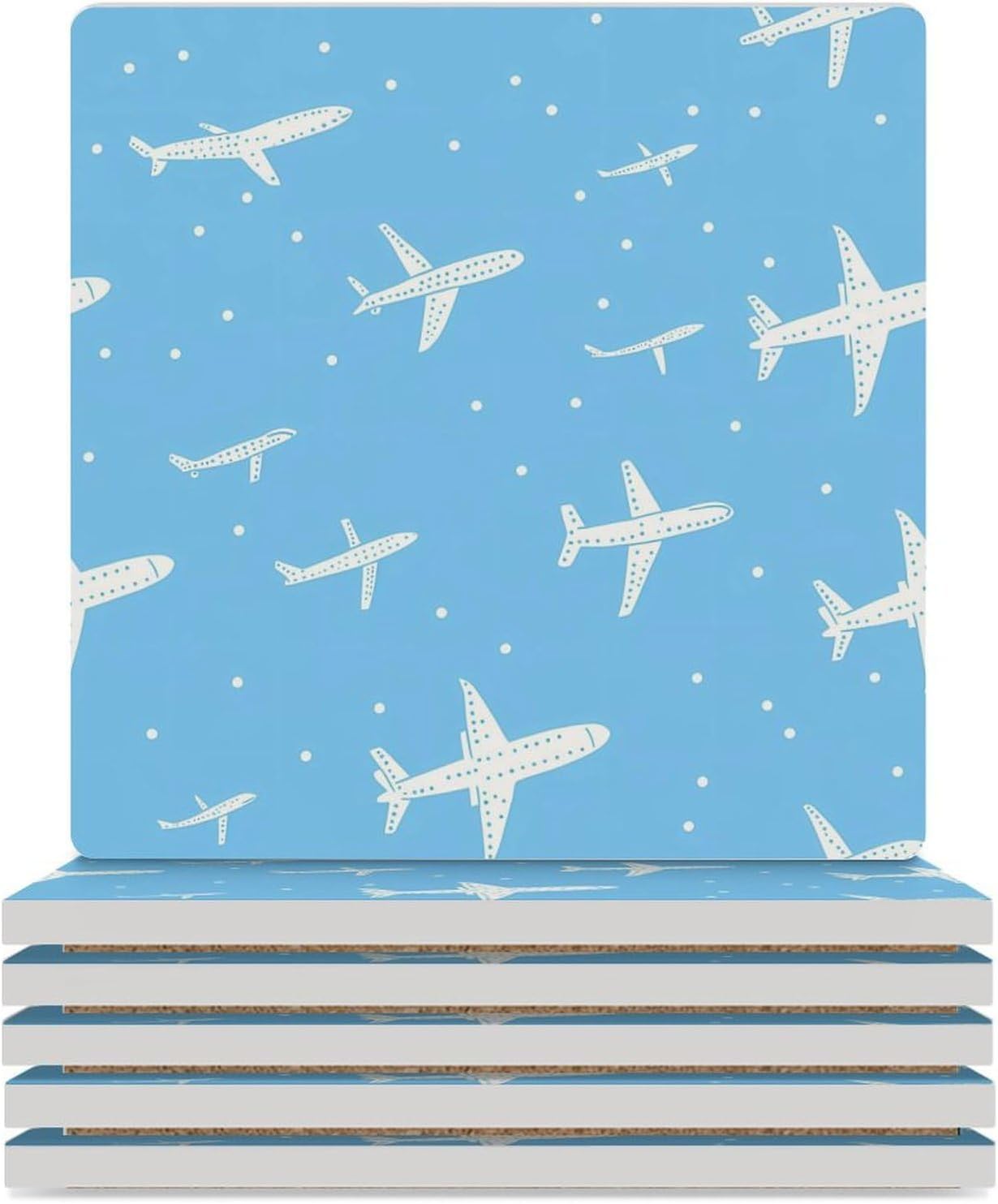 Airplane Print Coasters for Drinks Square Ceramic Coasters Cup Mats with Cork Base