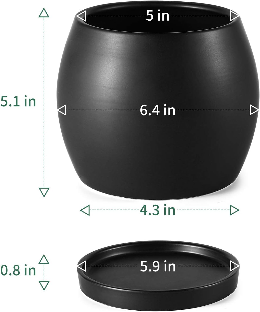 POTEY Ceramic Planter Flower Plant Pot - 5.1” with Drain Hole Saucer-Enough Space - Modern Decorative for Indoor Planters, Matte Black