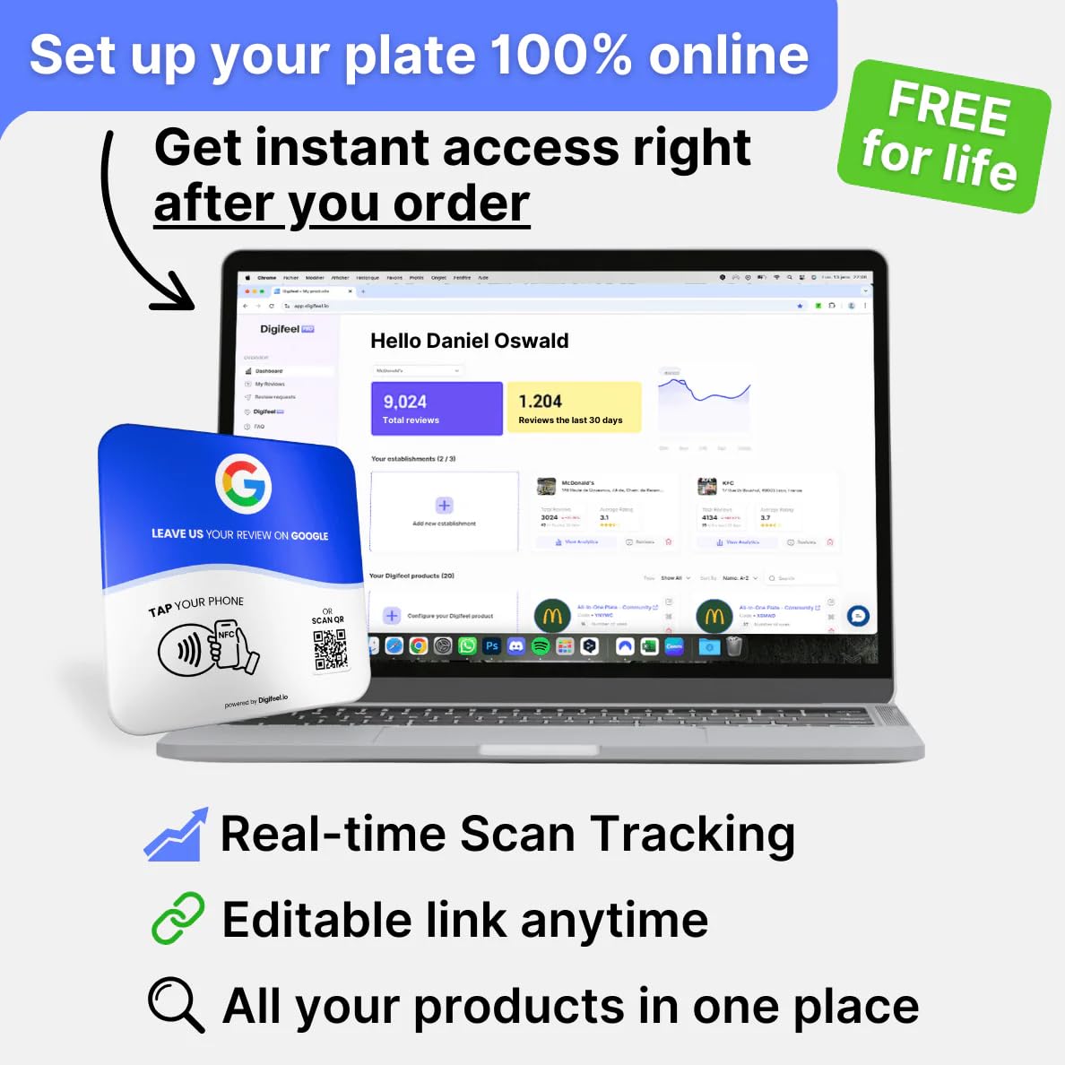 Tarjeta Tap de reseña para reseñas de Google – NFC + código QR – Placa para impulsar las opiniones de clientes para empresas – Compatible con todos los teléfonos (multicolor, 1 placa)
