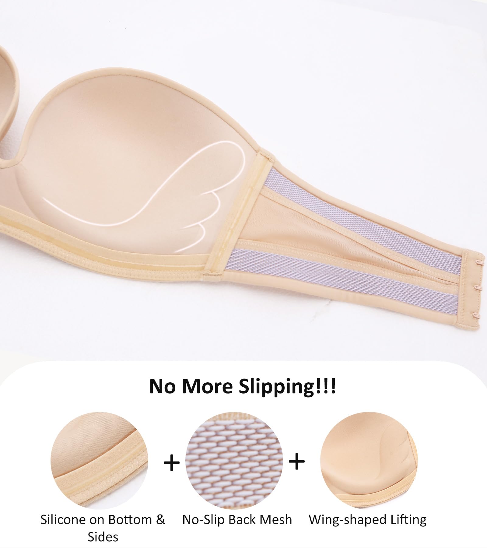 Lemorosy Brasier sin Tirantes para Mujer, sin Varillas, con Relleno, Antideslizante, Invisible, sin Tirantes, Beige, 90B