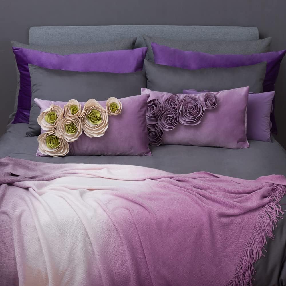 JWH 3D Flower Throw Pillow Cover Decorative Handmade Floral Pillow Case Soft Velvet Pillowcase Lumbar Cushion for Bed Living Room Chair Couch Decor Shams 12x20 Inch Purple