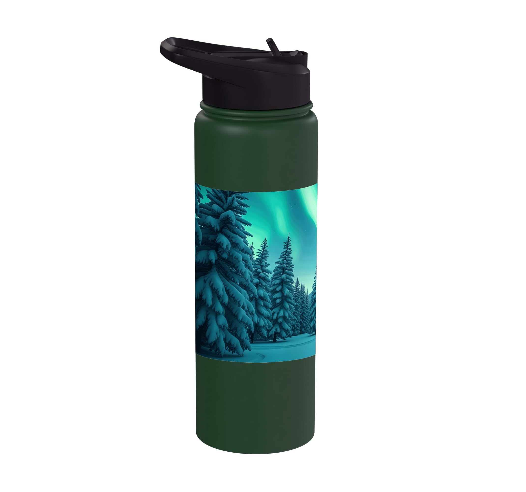 Aurora Borealis Above Snowy Pine Forest Winter Wilderness Stainless Steel Insulated Water Bottle
