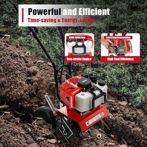 Mini Garden Tiller Cultivator, Powerful 52CC 2-Stroke Gas Powered Engine Rototiller Garden Tool Cordless with Long Handle for Ploughing, Furrowing, Weeding - Thumbnail 3