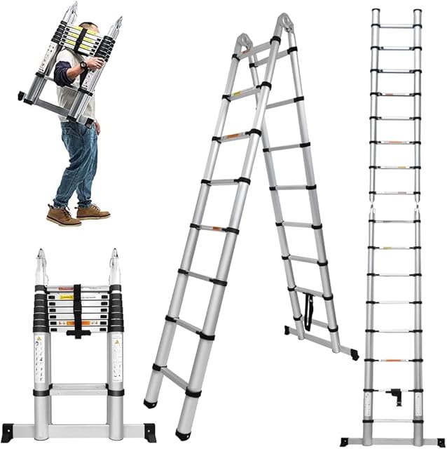 Aluminum Telescoping Extension Ladders 16.4ft in Straight line and 8.2ft in A-Frame Multi-Purpose Portable Folding Ladder,EN131 Standards Extension Loft Ladder for RV or Outdoor, 330lb/150kg Max Load