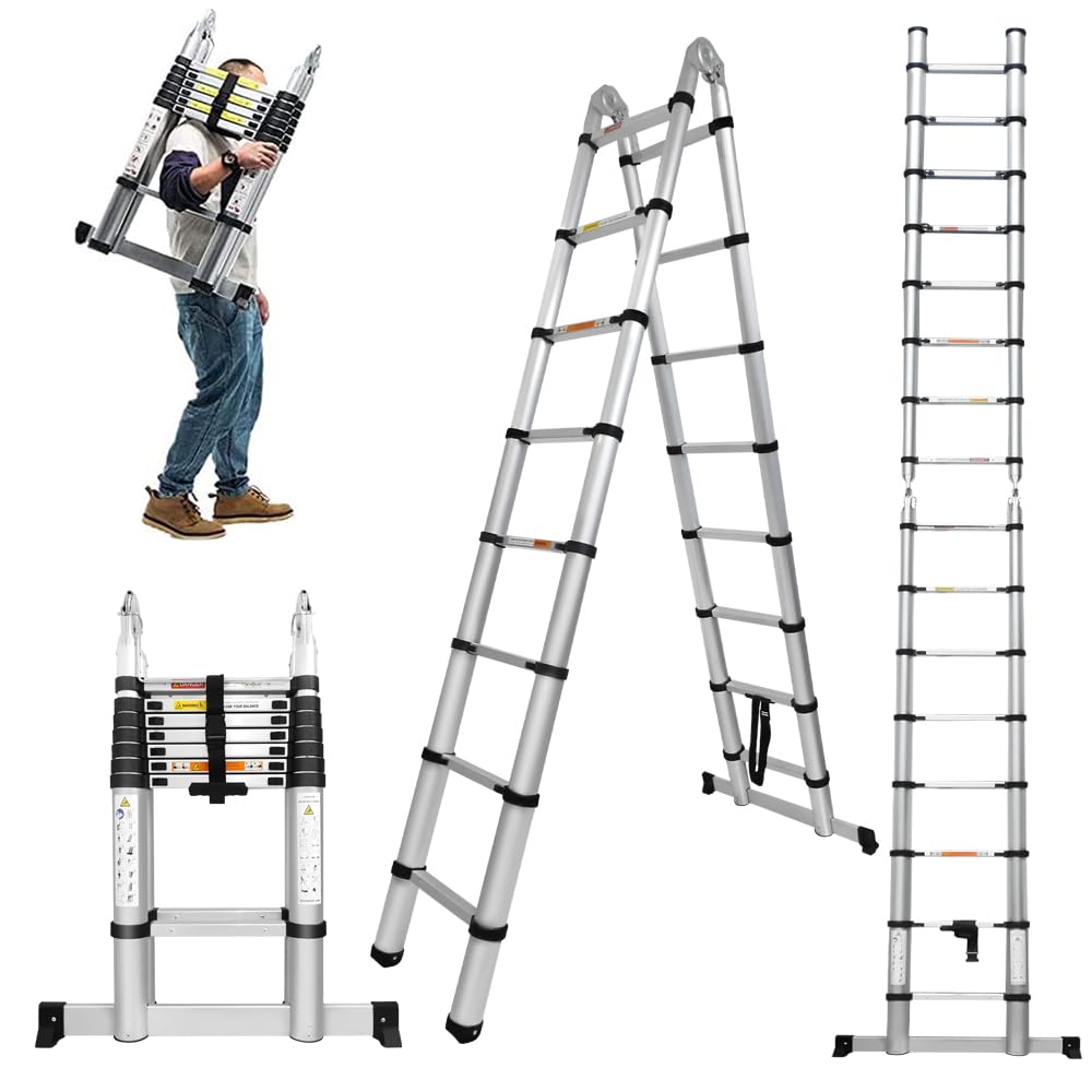 Qimu Scala telescopica da 5 m, in alluminio, allungabile, 2,5 m + 2,5 m, con stabilizzatore, scala in alluminio flessibile per esterni
