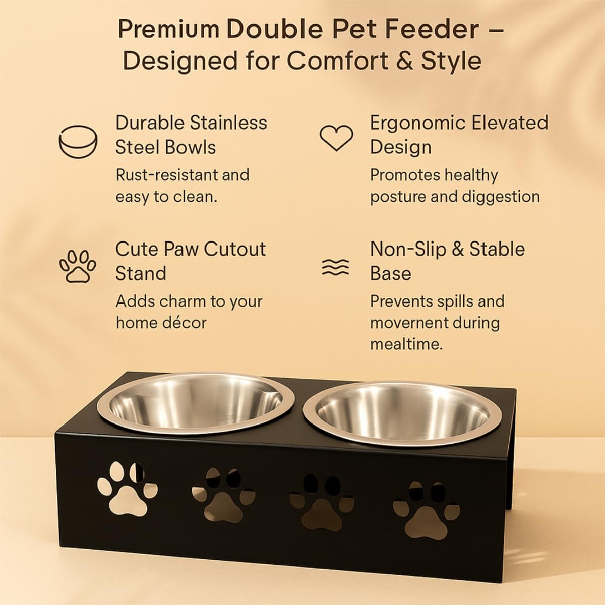 Black Metal Premium Stylish Dog Bowl Stand | Large Stainless Steel Dog Bowls (Set of 2) for Dogs for Food & Water | 6" Height Food Bowl with Stand | Paw Design, Non-Slip, Raised Pet Feeder, Rustproof 2