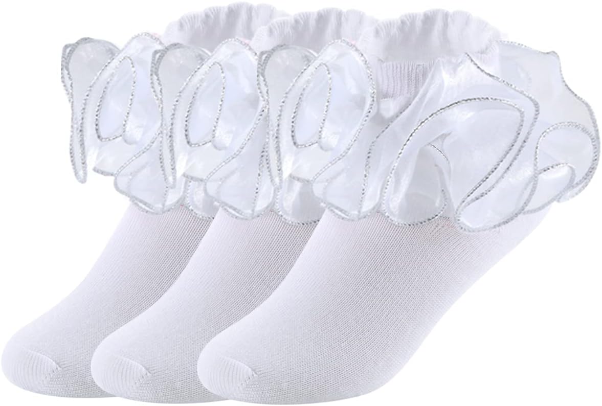 Big Girls Lace Socks Shimmering Cute Ruffle Comfortable Frilly Dress Ankle Socks 3 Pairs