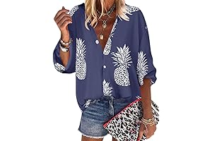 Women Pineapple Printed Lapel Collar Half Sleeves Buttons Down Blouse Shirt