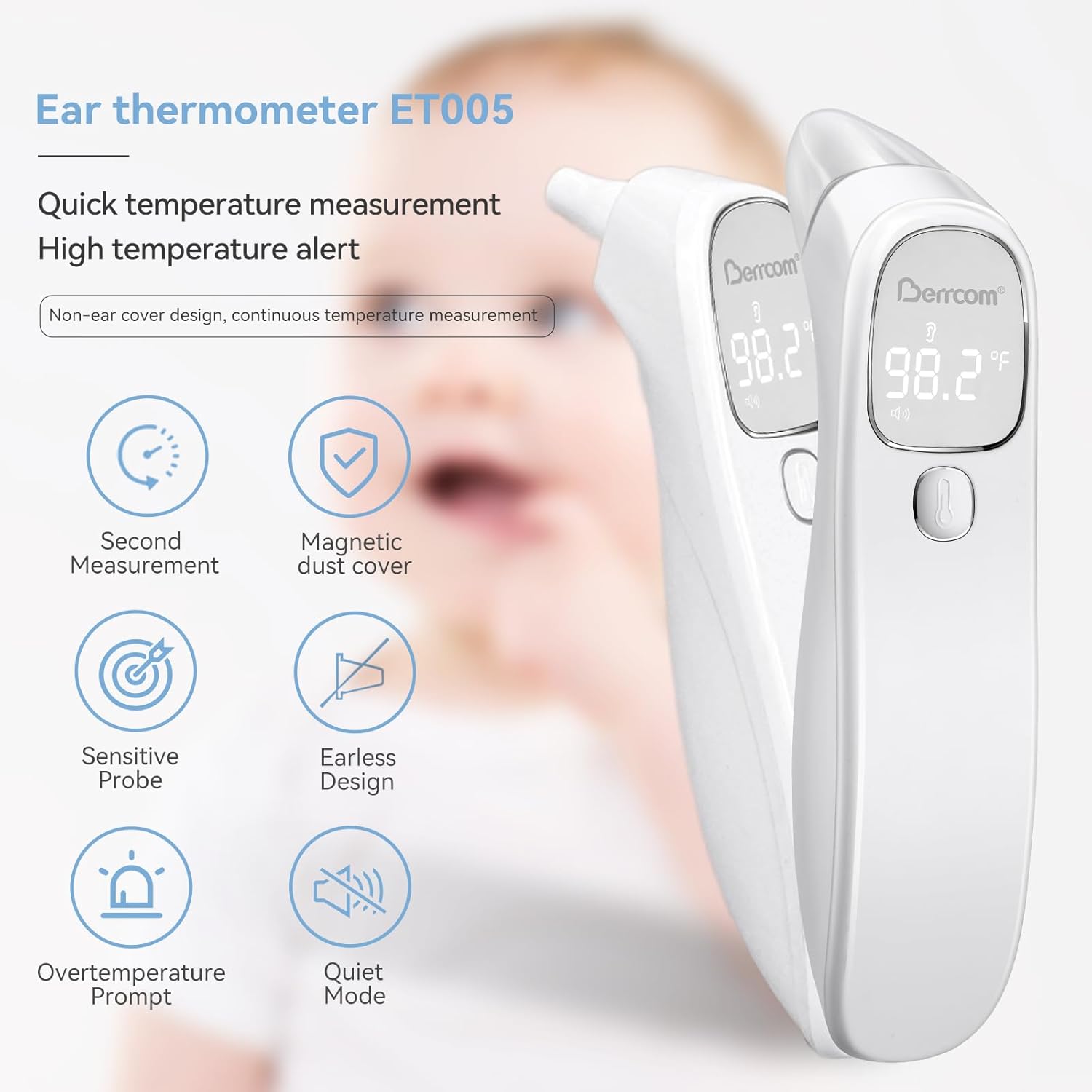 Berrcom 2-in-1 Forehead and Ear Thermometer with Magnetic Probe - Digital Infrared Thermometer for Adults & Babies, LED Display, 1s Reading, Auto Shut-Off