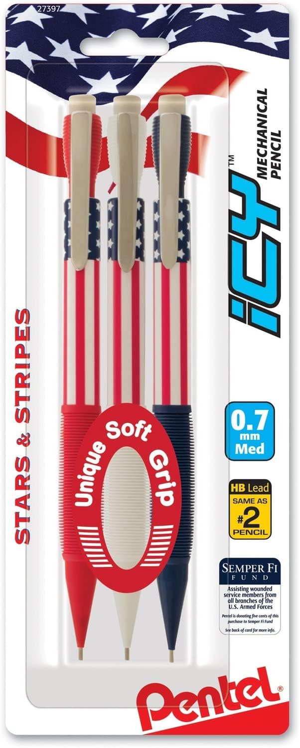 Pentel Icy Mechanical Pencil, (0.7mm) Medium Line, Flag Barrel, Assorted Grips (B/C/W) Clear Dozen Box