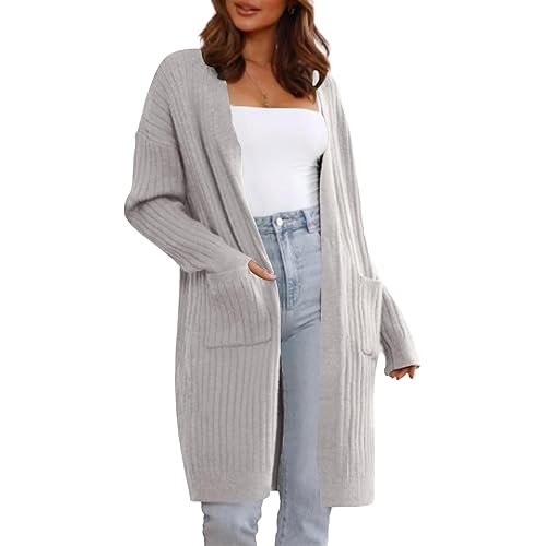 Sidefeel Women Open Front Ribbed Sweater Cardigan Long Sleeve Knit Outwear with Pockets
