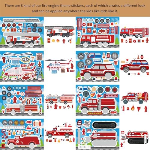 24 Sheets Make Your Own Fire Truck Sticker Make A Face Stickers for Kids Toddlers DIY Craft Car Stickers Kids Party Favor Supplies Reward Educational Toy - 2