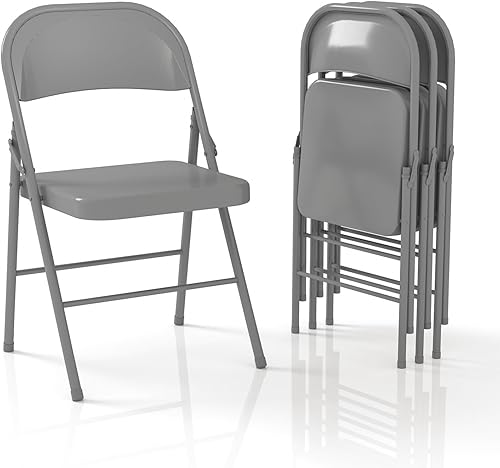 Sillas plegables de metal con marco de acero con doble bisagra para oficina, cocina, comedor, boda, patio y jardín, sin montaje, juego de 4, gris