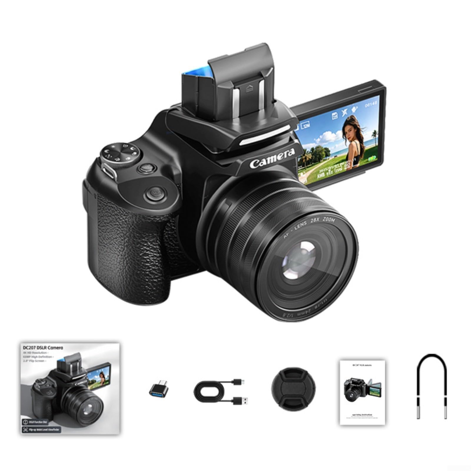 Fotocamera digitale da 68 MP con video 4K 60 FPS, zoom 28X e schermo flip per vlogging selfie, HD ricaricabile di tipo C per kit videocamera (specchio polarizzatore fotocamera)