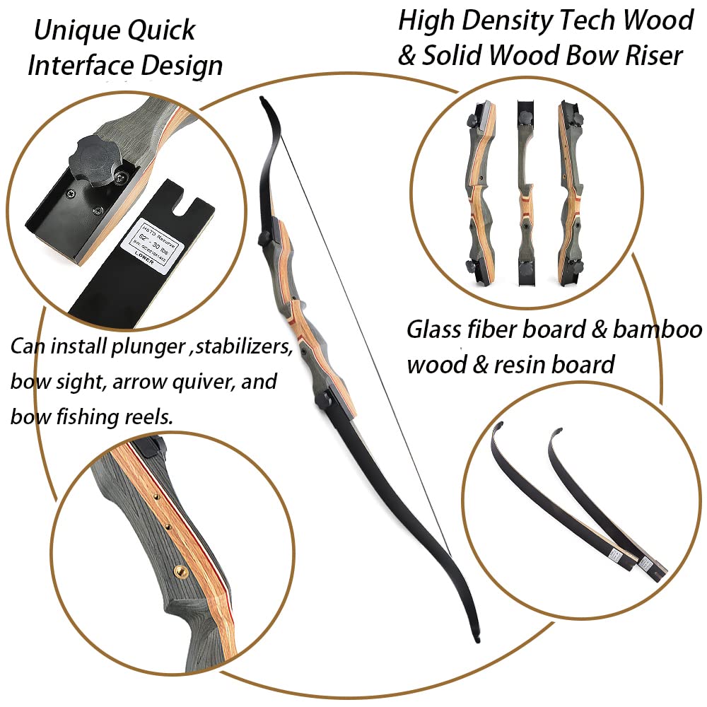 AMEYXGS 62" Tiro con l'arco Arco Ricurvo Arco da Caccia 30-50 libbre Arco Lungo in Legno Laminato Riser Tiro all'aperto Pratica per Adulti e Giovani Mano Destra (30lbs)