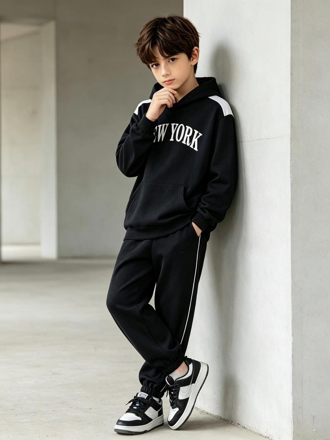 6-12 Years Boys 2 Piece Outfits Hooded Sweatshirt Wide Leg Pants Fall Set