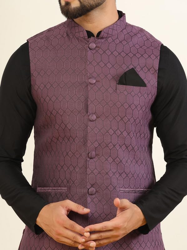 Image of KISAH Men's Green Jacquard Silk Blend Nehru Jacket- Traditional Indian Waistcoat for Weddings & Royal Parties