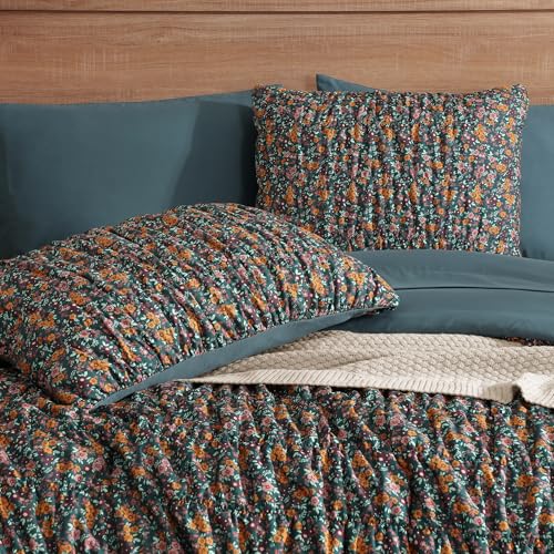Full Size Comforter Sets-7 Pieces Puff Dark Green Floral Bedding Set for All Seasons, Shabby Chic Farmhouse Bed in a Bag Full with Floral Comforter, Sheets, Pillowcases & Shams
