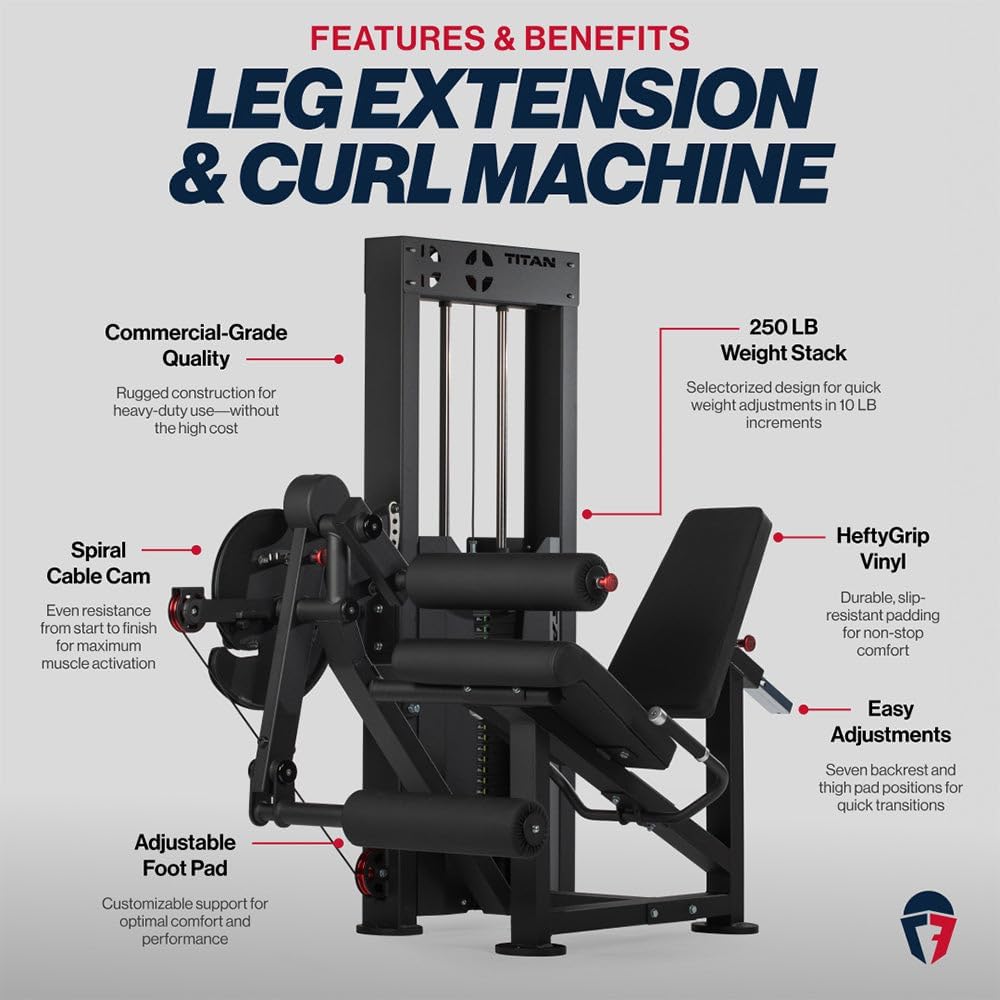 Titan Fitness Selectorized Leg Extension and Curl Machine, Pin-Loaded 250 LB Weight Stack with 1:1 Ratio, Adjustable Seat and Footrest, Workout and Exercise Equipment for Quads and Hamstrings