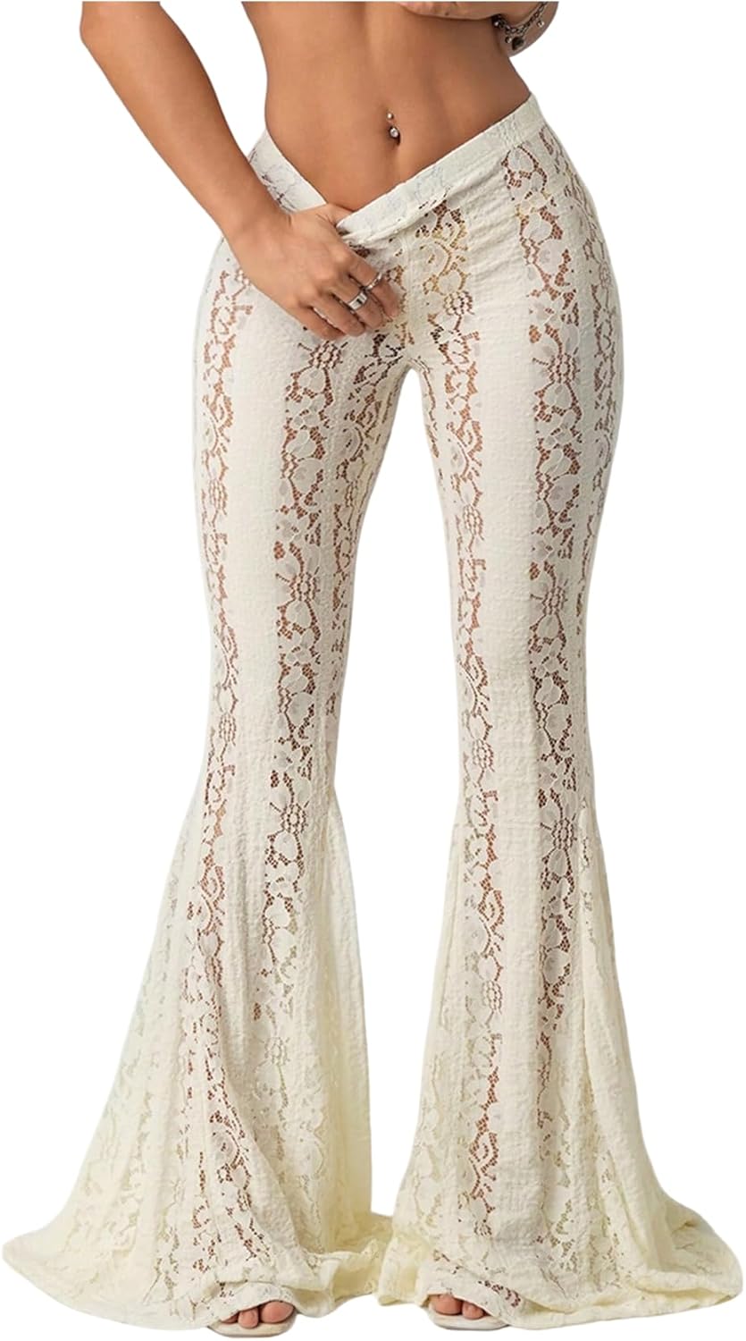 Milumia Women's Floral Lace Sheer Flare Pants Elastic Low Waist Skinny Flowy Party Bell Bottoms Trousers