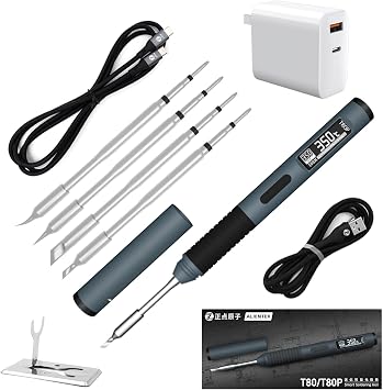 Soldering Iron Kit, PD/QC 100W Mini Digital Soldering Iron 176-842F Fast Heating T80/T80P,Type-C Portable Digital OLED Screen Display, Auto Sleep T80P+C2C+4 type tips+PD 65W