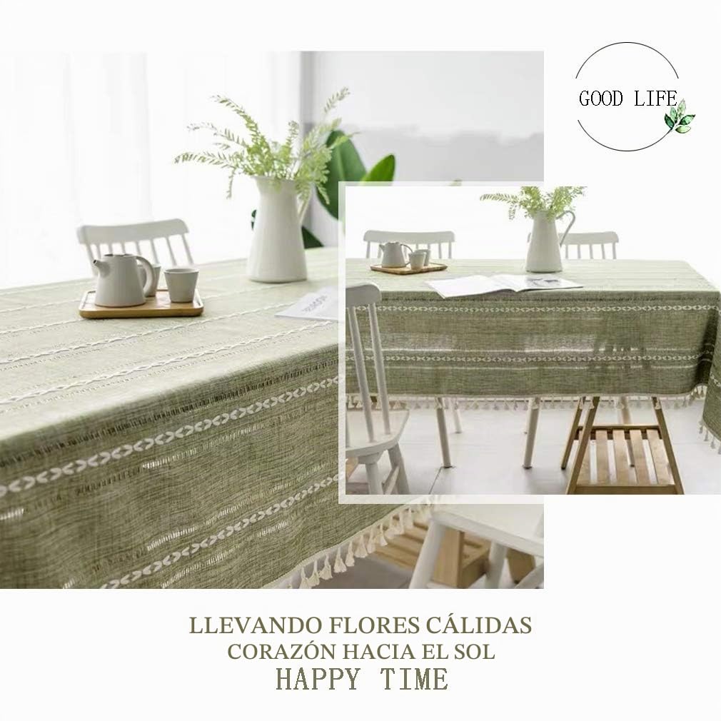 Pahajim Mantel Mesa Rectangular Manteles Antimanchas Impermeable Algodon Lino Borla para Cocina Comedor Mesa Buffet Mantel de la Tabla(Verde,140x300cm)