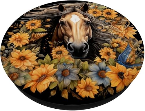 Miniatura 2 de Buckskin Caballo Girasol Acuarela Amantes Pájaro Floral Niña PopSockets Estándar PopGrip