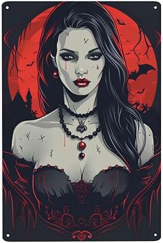 Holiday Metal Poster, Sexy Female Vampire Illustrated Metal Poster, Vintage Vampire Metal Wall Art Wall Decor, Metal Tin Signs, For Home Indoor Outdoor Bar Livingroom Yard Man Cave 5.5x8inch