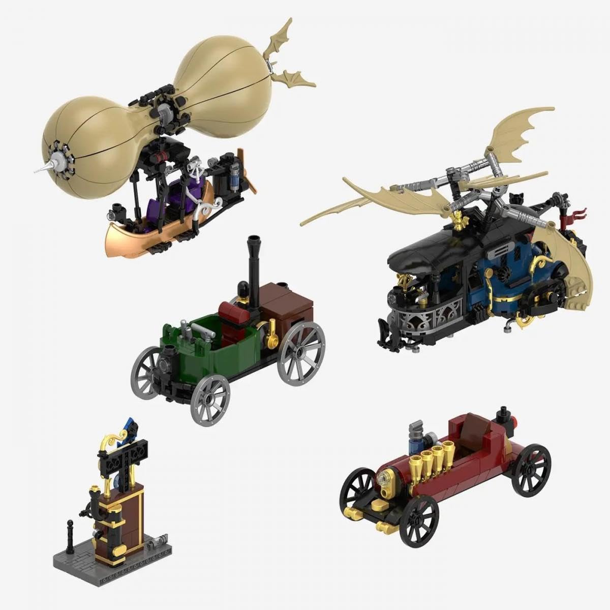 BlueBrixx Steampunk Motorwagen und Flugmaschinen, 1199 Klemmbausteine | Mehrere Modelle im Set, drehbarer Rotor, Ballonfluggerät, Messingoptik, 485 x 400 x 185 mm, ab 10 Jahren, 108935