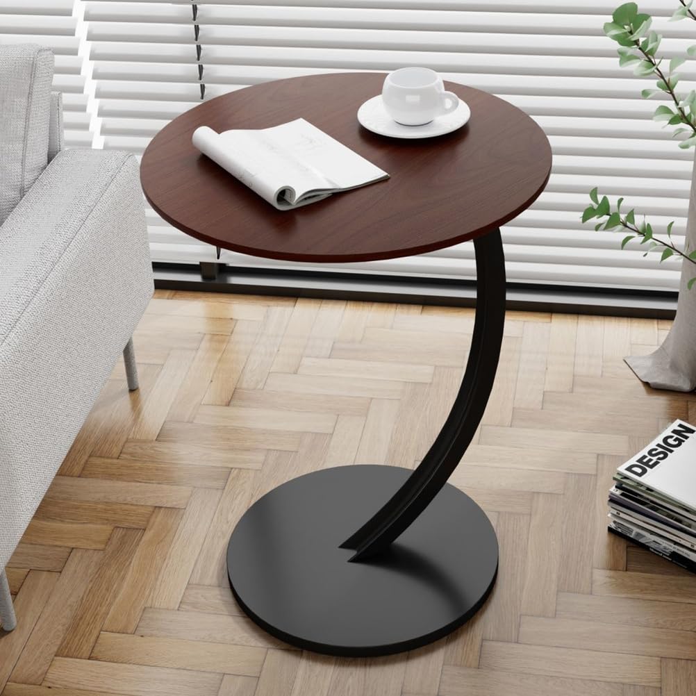 SXZenSpace Round Side Table,C Shaped End Tables for Couch, Bed and Sofa,Slide under Sofa Tray Desk Living Room Bedroom,TV Table Narrow Space,Walnut,Black frame