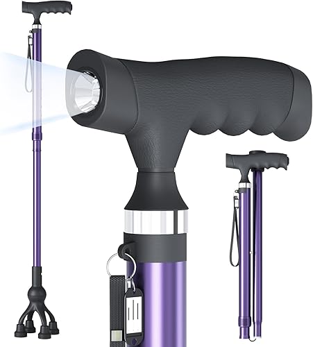 Miniatura 10 de Bastón de caminar con luz LED para hombres y mujeres mayores, bastones plegables ajustables para personas mayores, mango ergonómico y base