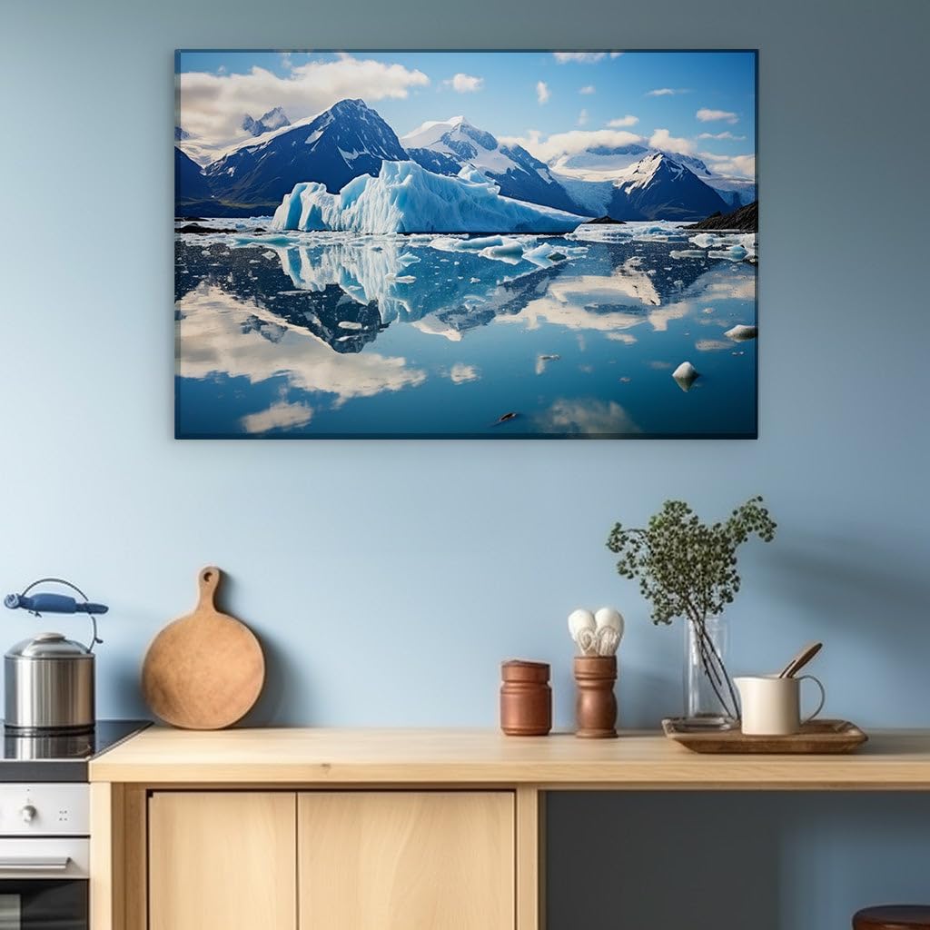 Canvas for Living Room. Serene Reflections of Icebergs Amidst The Tranquil Majesty of Snow-Capped Peaks, 27 x 18 inch Canvas Wall Art - Contemporary Masterpieces - Modern Home Decor