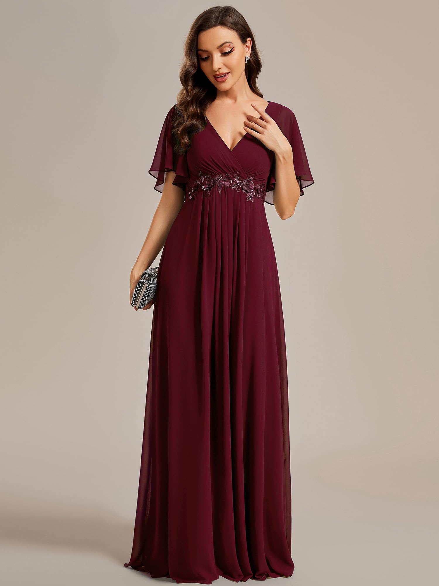 Ever-Pretty Abendkleid Elegant für Hochzeit Damen Lang Rundhalsausschnitt Abendkleider Langarm Brautjungfernkleider