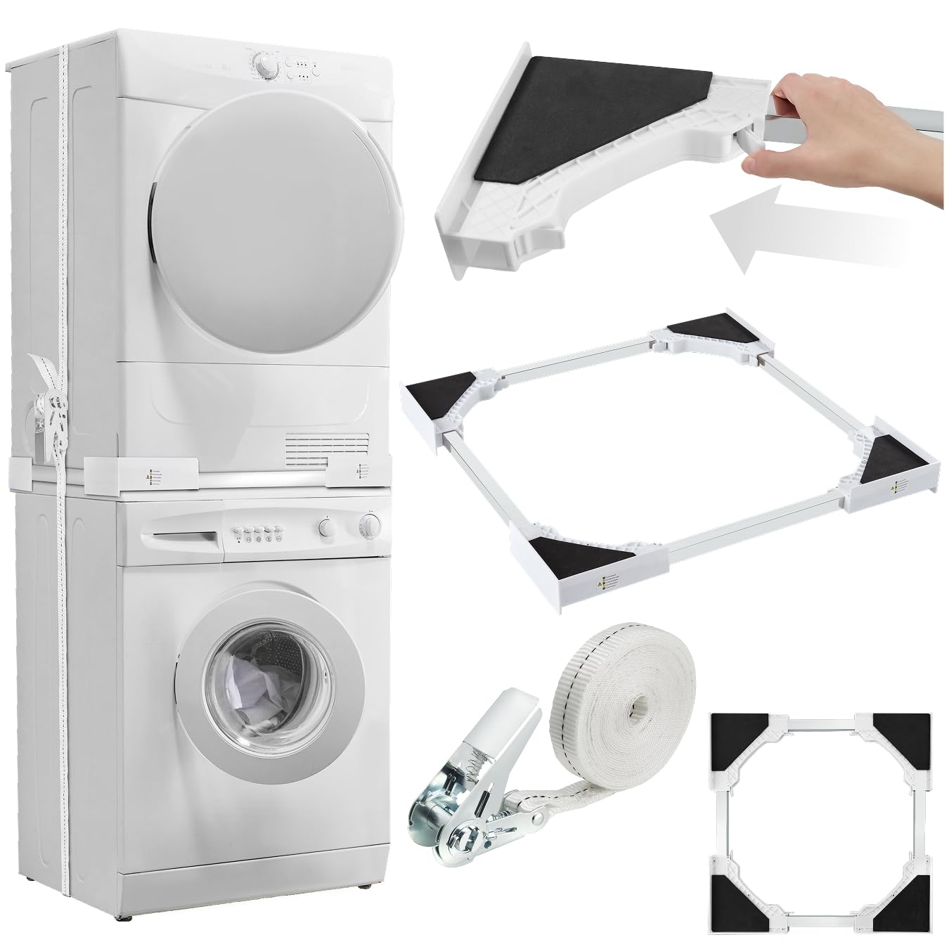 tectake® Verbindungsrahmen für Waschturm aus Waschmaschine und Trockner, 46–66 cm, Universal-Stapelbausatz mit Ratschenseil, Waschmaschine Trockner Verbindung, Zwischenbaurahmen Trockner Waschmaschine