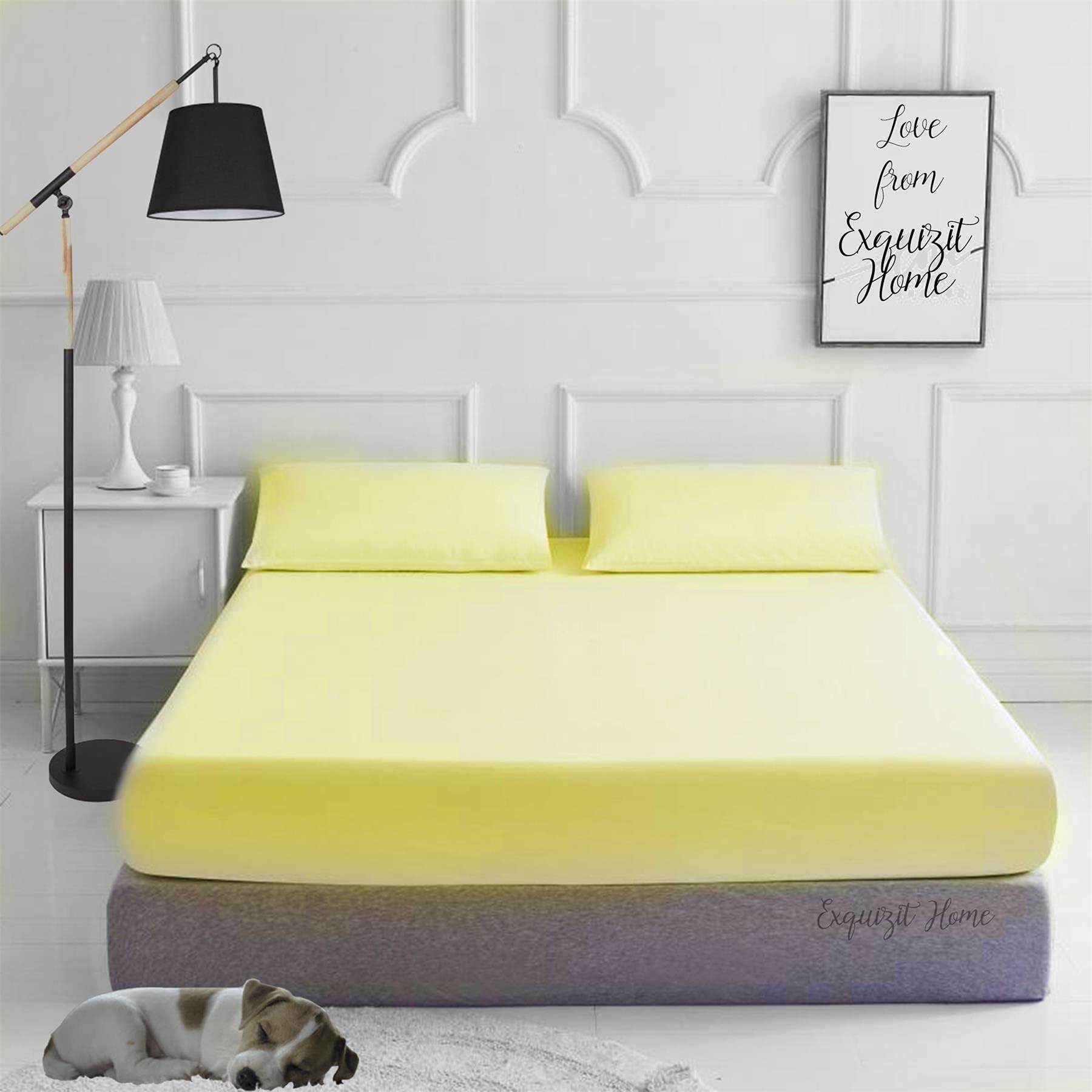 Fitted Bed Sheet with Pillowcases Pack of 2 – Plain Dyed Poly Cotton Percale Easy Care 180TC Bed Sheet, Soft & Durable 50% Cotton 50% Polyester (Lemon–Double)