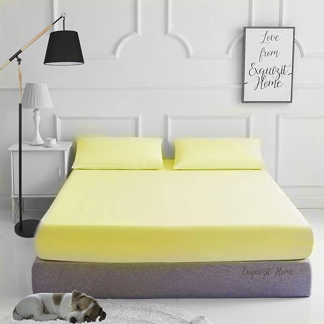 EXQUIZIT HOME Fitted Bed Sheet With Matching FREE 2 X PILLOW CASE Plain Dyed Poly Cotton Percale Easy Care Bed Sheet Lemon Double