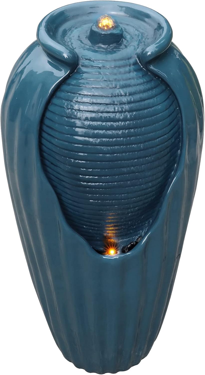 Peaktop Outdoor Glazed Vase Floor Water Jar Fountain with LED Lights for Garden Patio and Deck, Blue, 14.96 x 14.57 x 31.89 : Home & Kitchen