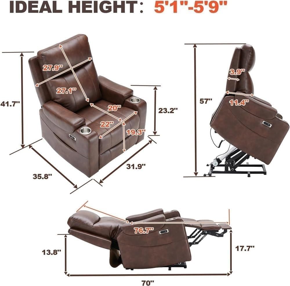 Recliner Chair PU Leather Adjustable Power Lift Recliner Sofa Lay Flat Heat Massage for Adults Elderly Living Room